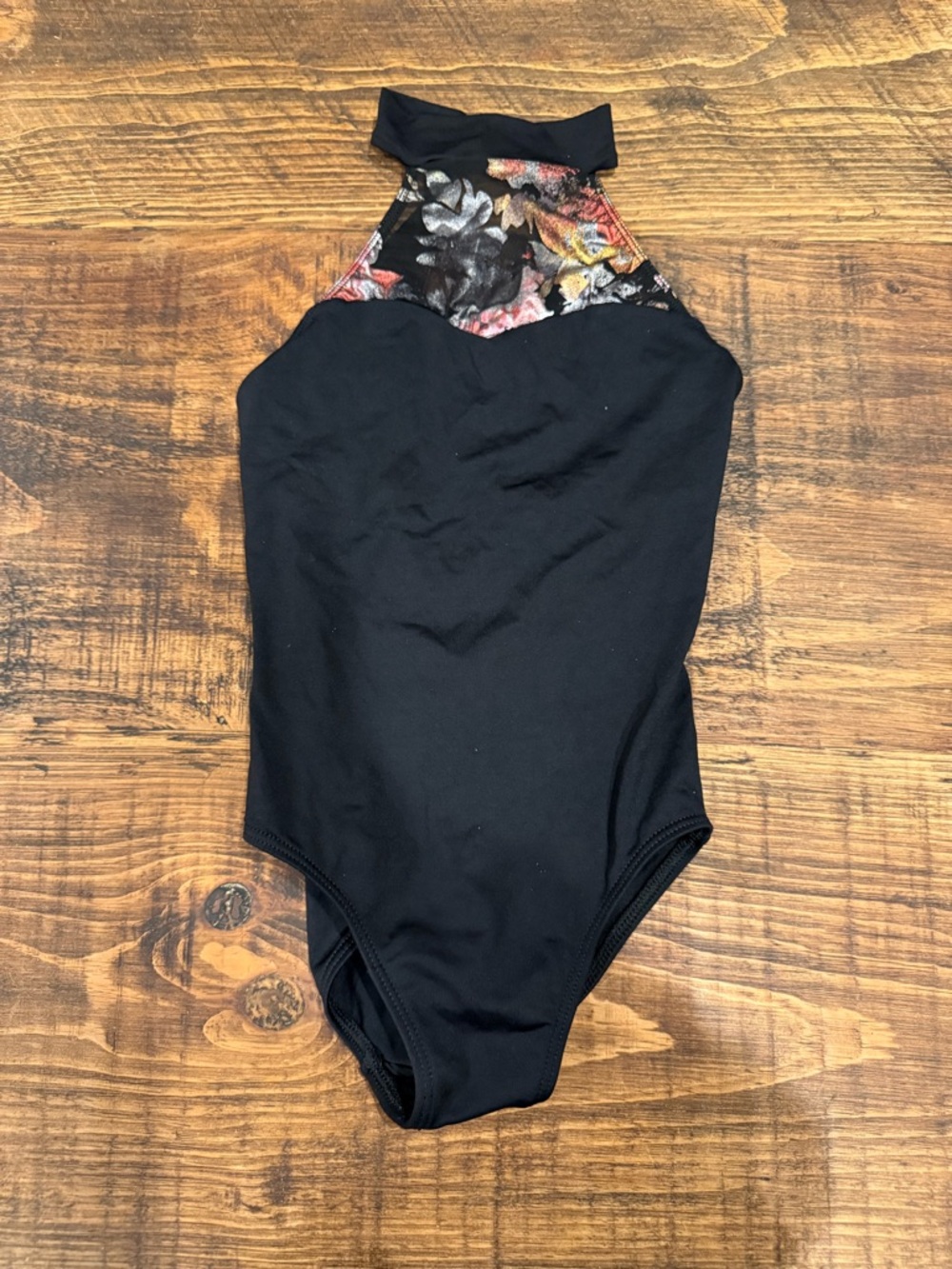 Women’s Black Halter One-Piece Leotard with Floral Mesh Yoke